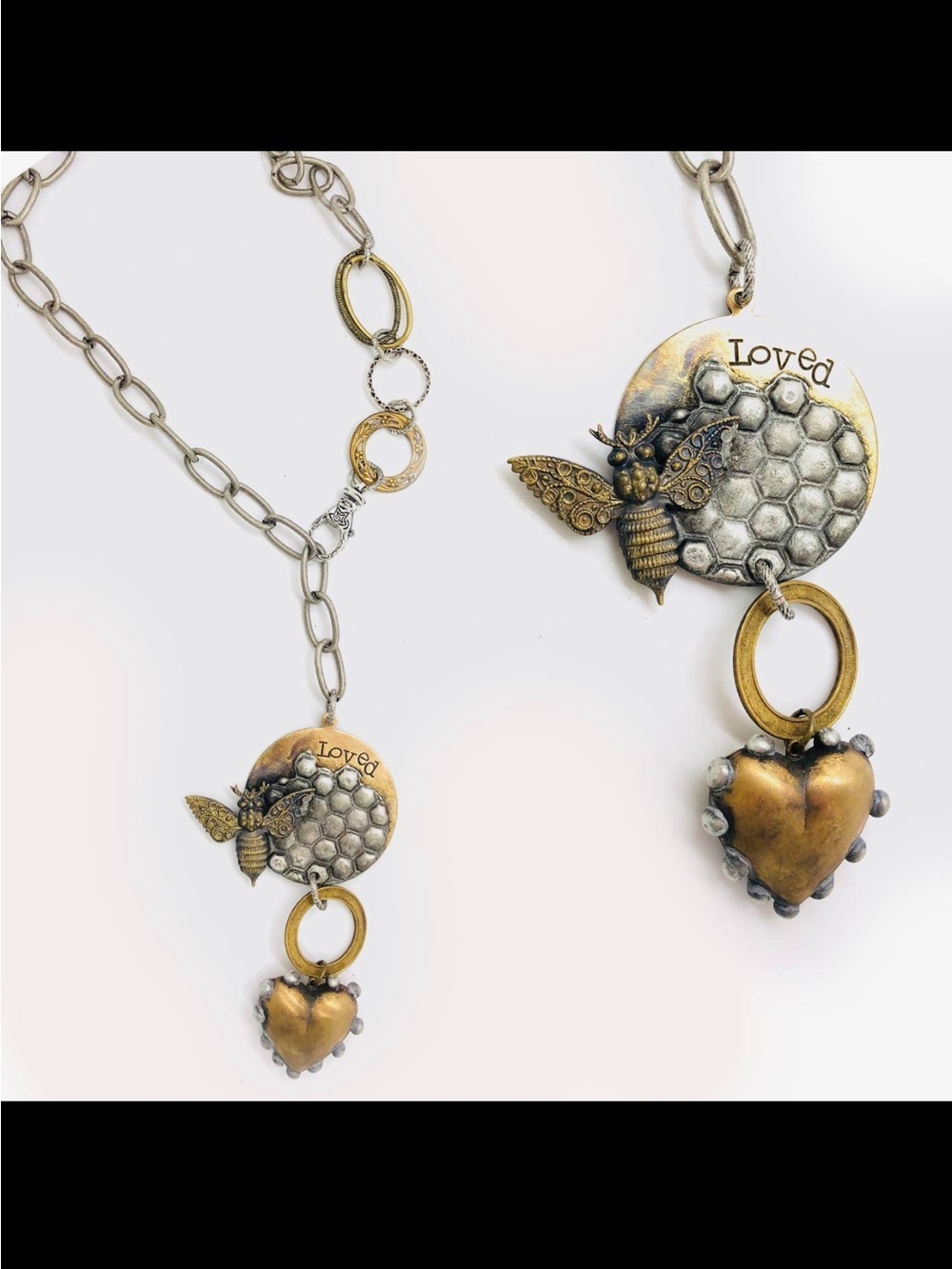 Art by Amy Loved Bee and Heart Pendant Necklace in Antique Gold and Silver - Picture 1 of 2
